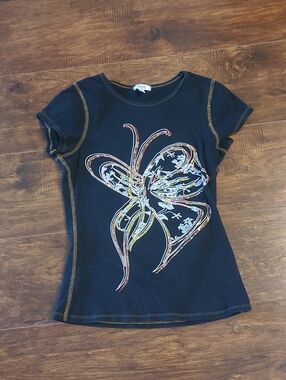 Cache Black Short Sleeve Tee with Multicolor Butterfly Graphic Y2k Size M